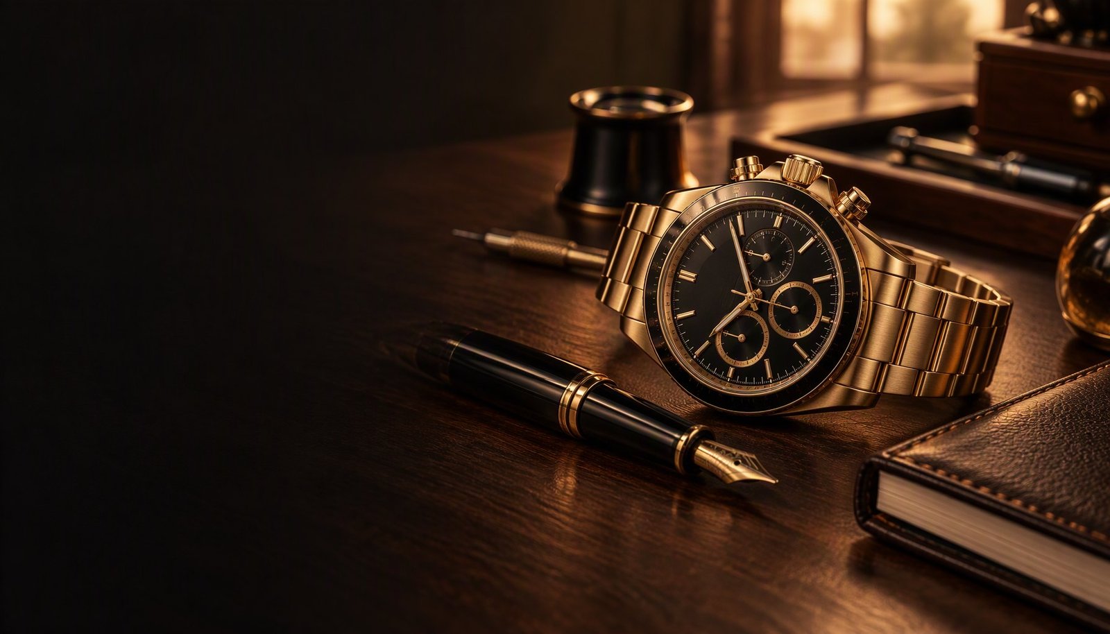 Gold watch on a desk
